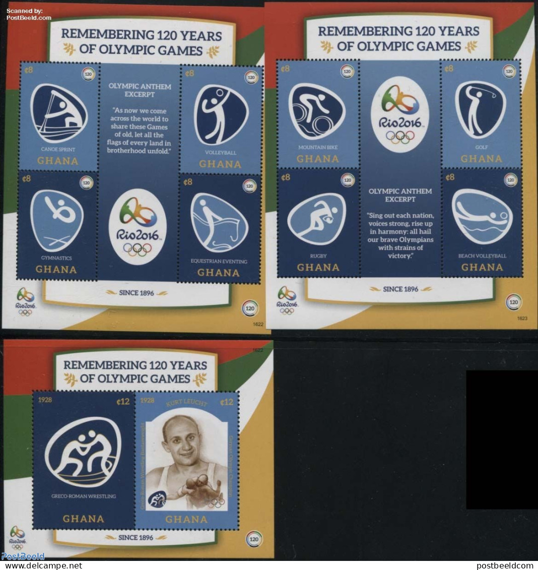 Ghana 2016 Olympic Games 3 S/s, Mint NH, History - Nature - Sport - Germans - Horses - Cycling - Golf - Gymnastics - K.. - Ciclismo