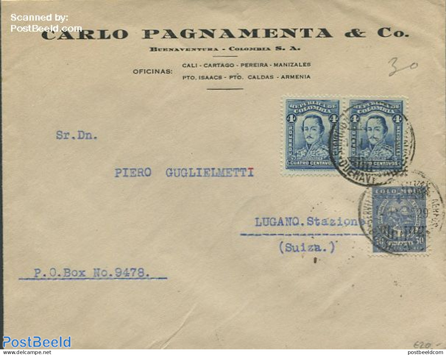 Colombia 1929 Envelope From Colombia To Switzerland, Postal History - Colombie