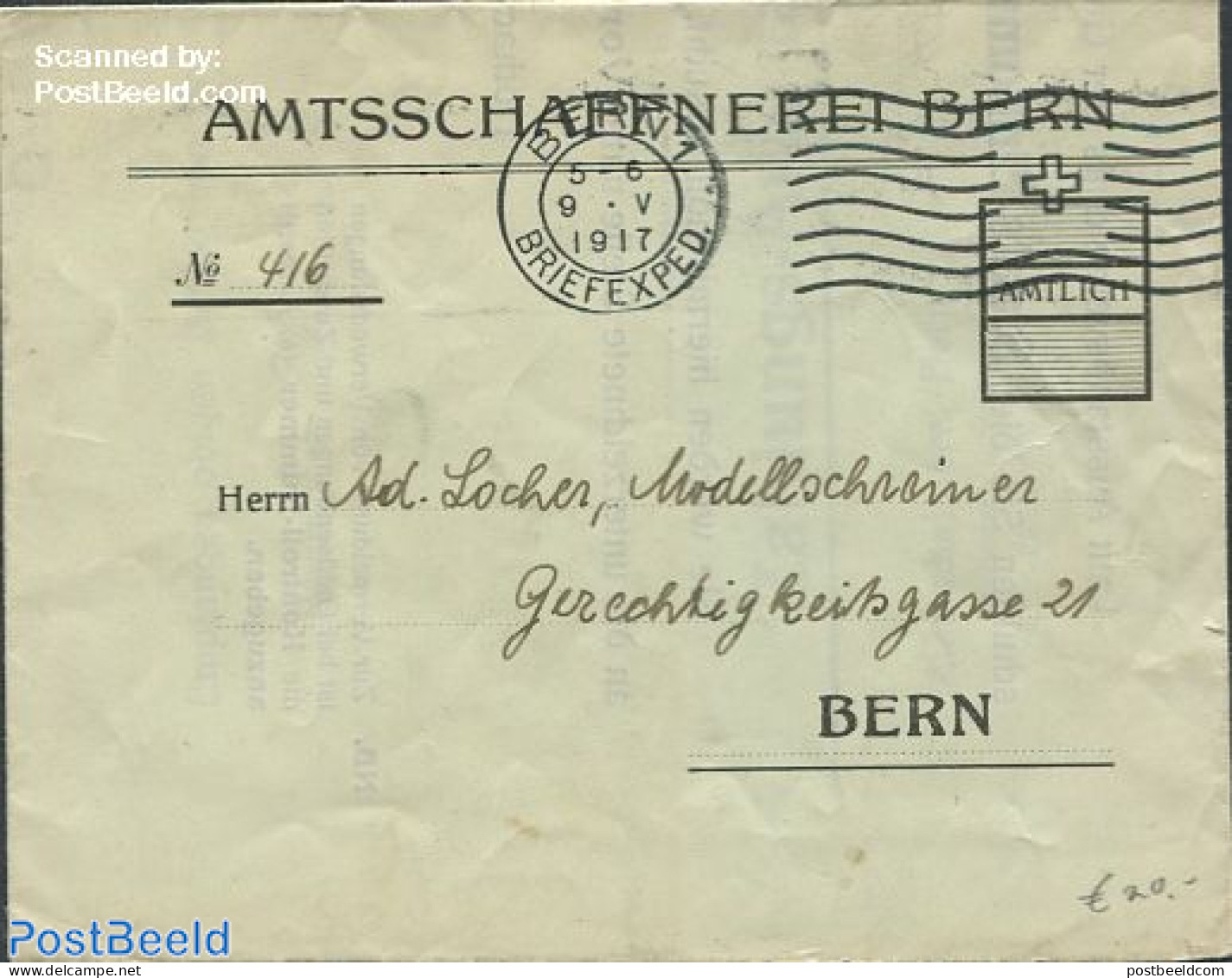 Switzerland 1917 Envelope To Bern, Postal History - Lettres & Documents