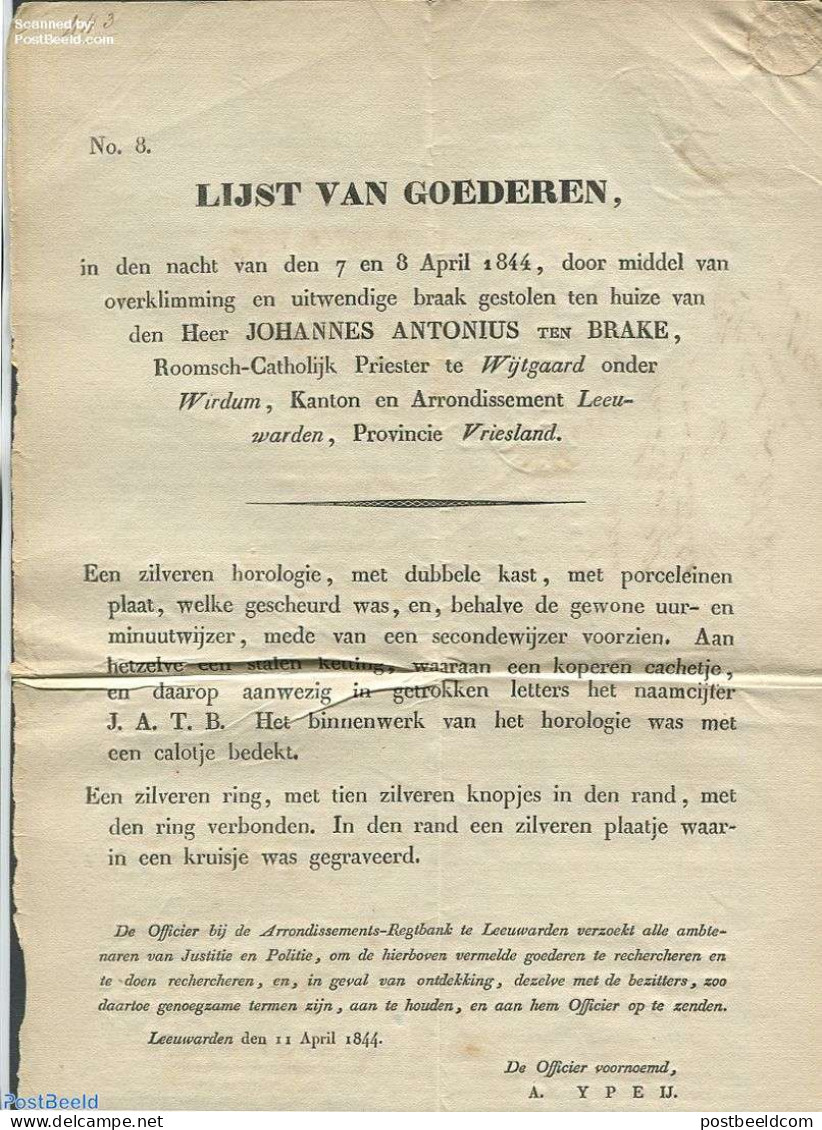 Netherlands 1844 List Of Stolen Goods Leeuwarden, Postal History - ...-1852 Voorlopers
