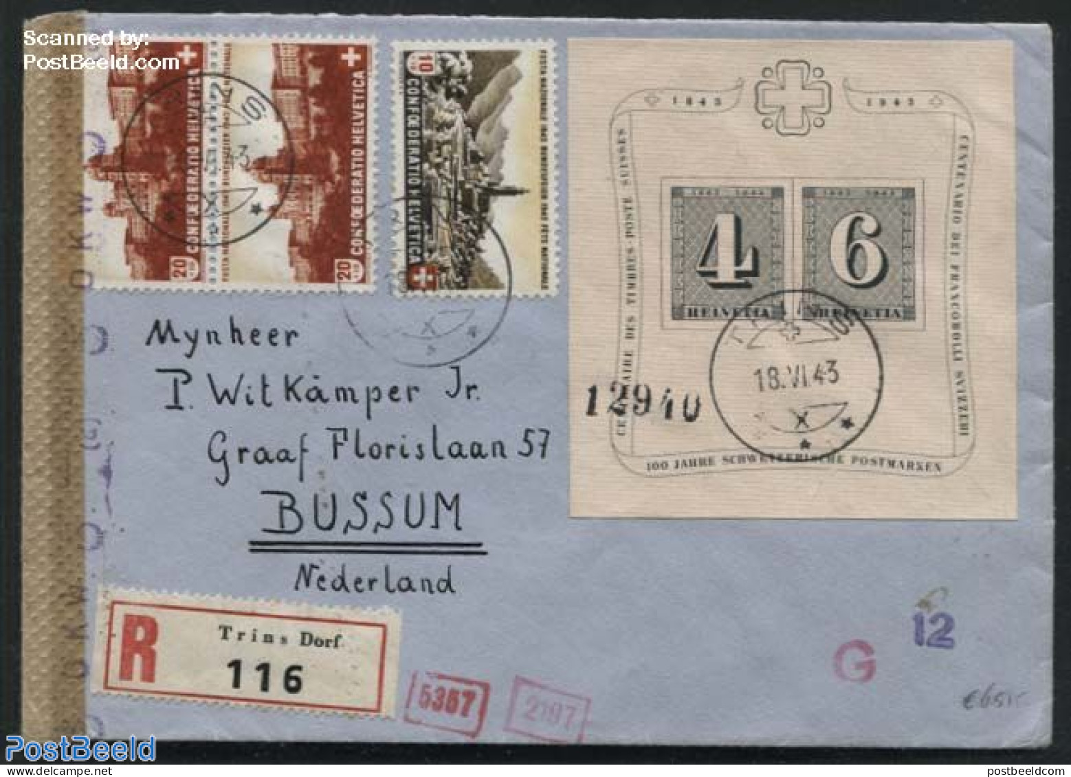 Switzerland 1943 Registered Letter To Holland With S/s, Postal History - Cartas & Documentos