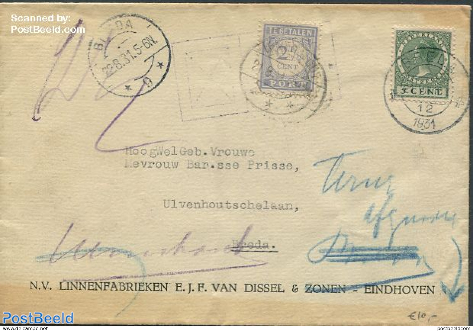 Netherlands 1931 Envelope To Eindhoven, Postage Due 2.5 Cent, Postal History - Covers & Documents