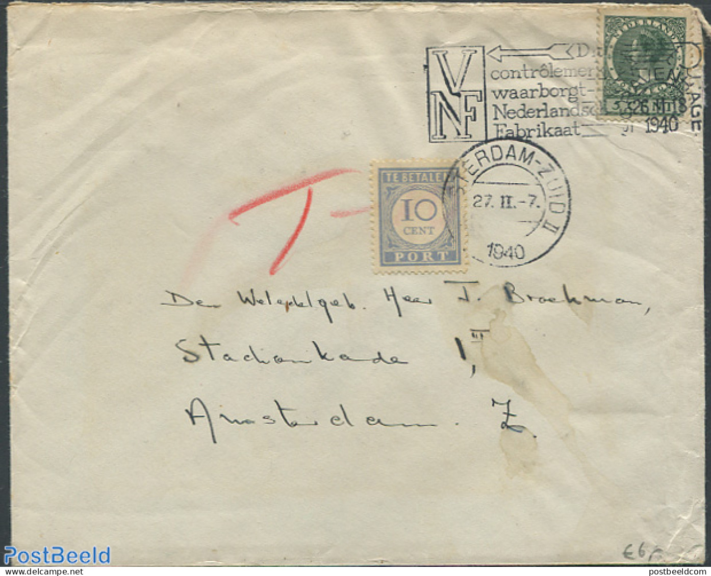 Netherlands 1940 Letter From The Hague To Amsterdam, Postage Due 10 Cent, Postal History - Briefe U. Dokumente