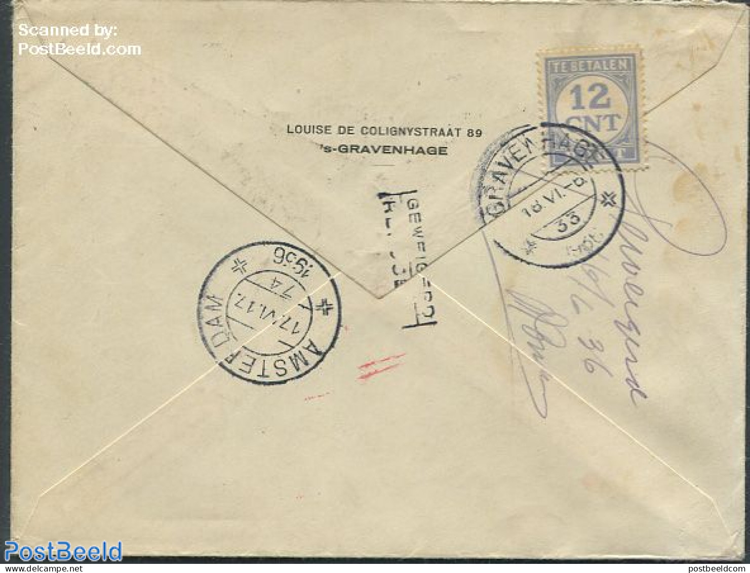 Netherlands 1936 Envelope To Amsterdam Returned To The Hague, Postage Due 2x12 Cent, Postal History - Lettres & Documents