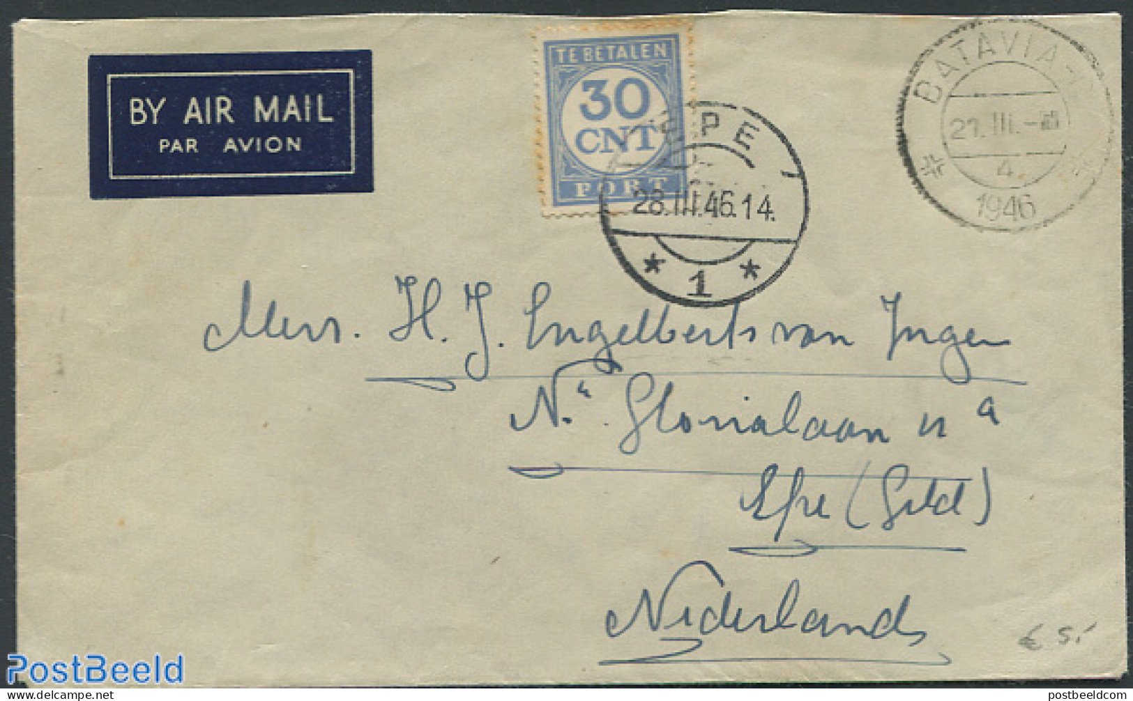 Netherlands 1946 Airmail To Epe, The Netherlands. Postage Due 30cent., Postal History - Briefe U. Dokumente