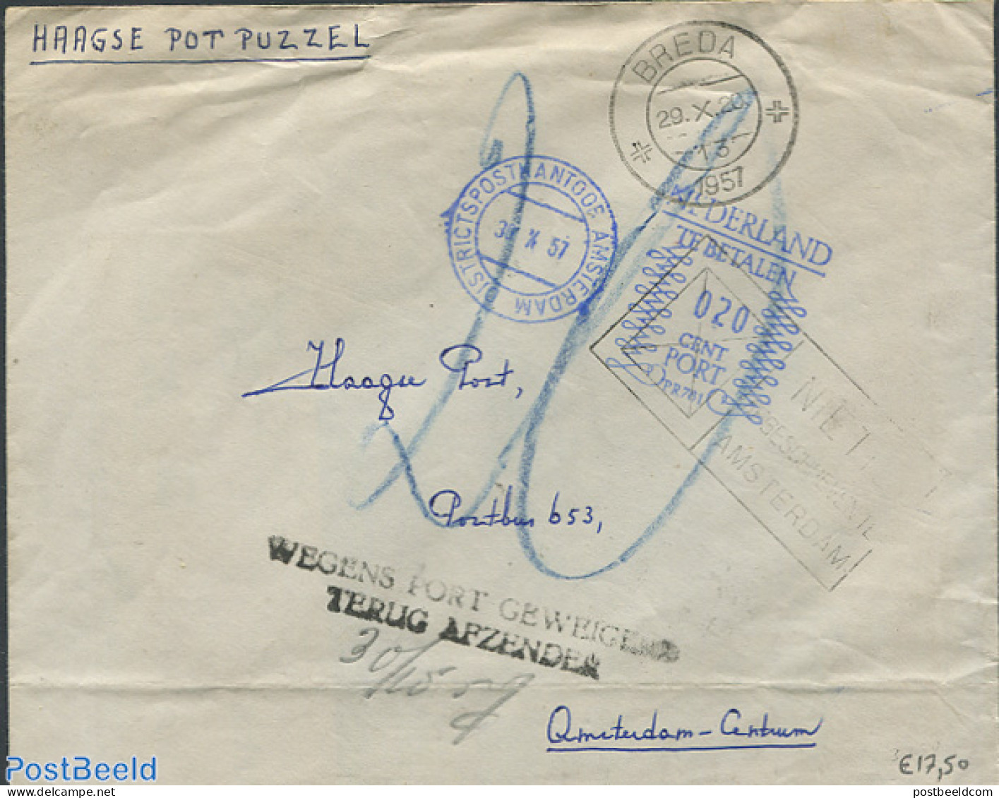 Netherlands 1957 Envelope From The Hague To Amsterdam,via Breda. Postage Due 20 Cent., Postal History - Briefe U. Dokumente