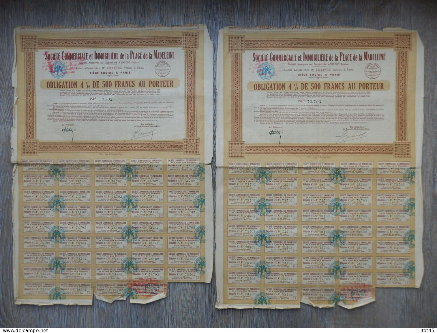 LOT DE 2 ACTIONS DE 500 FRANCS SOCIETE COMMERCIALE DE LA PLACE DE LA MADELEINE PARIS 1932 - Other & Unclassified