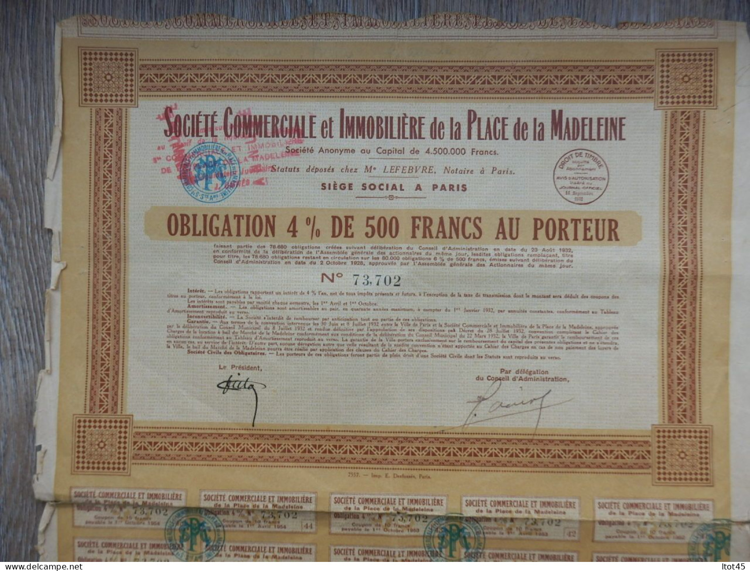 LOT DE 2 ACTIONS DE 500 FRANCS SOCIETE COMMERCIALE DE LA PLACE DE LA MADELEINE PARIS 1932 - Andere & Zonder Classificatie