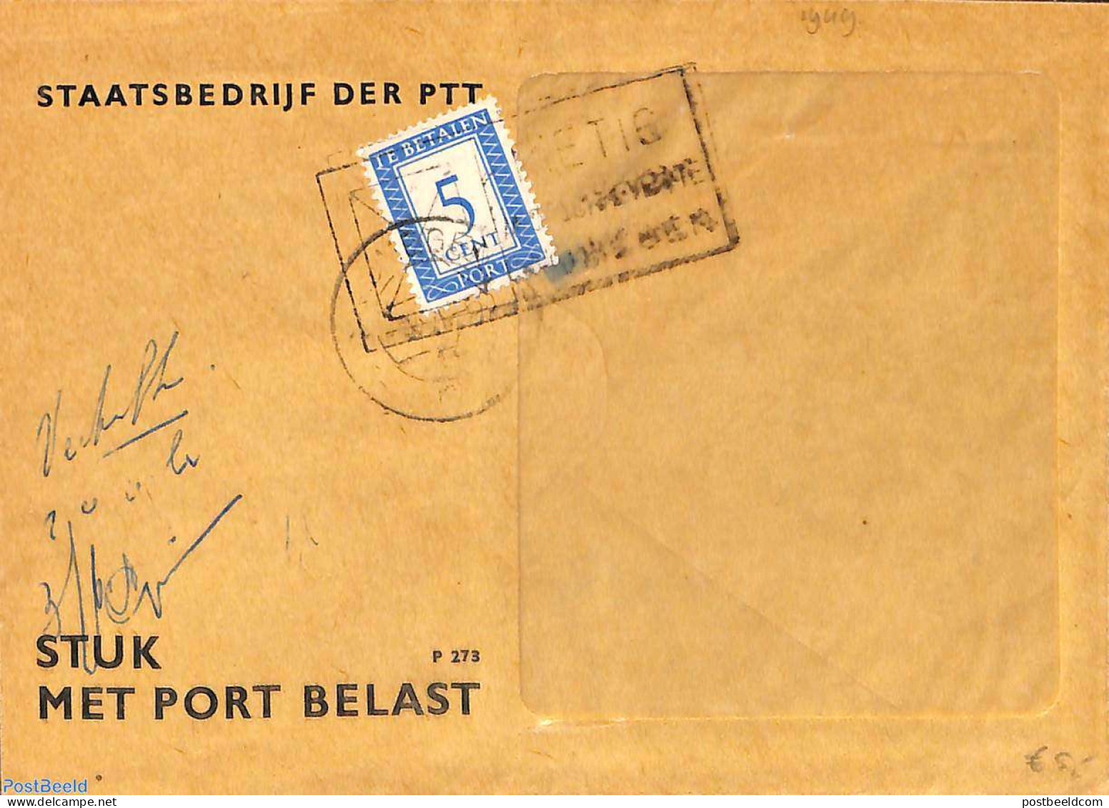 Netherlands 1949 Envelope From The Netherlands, Postage Due 5c, Postal History - Covers & Documents