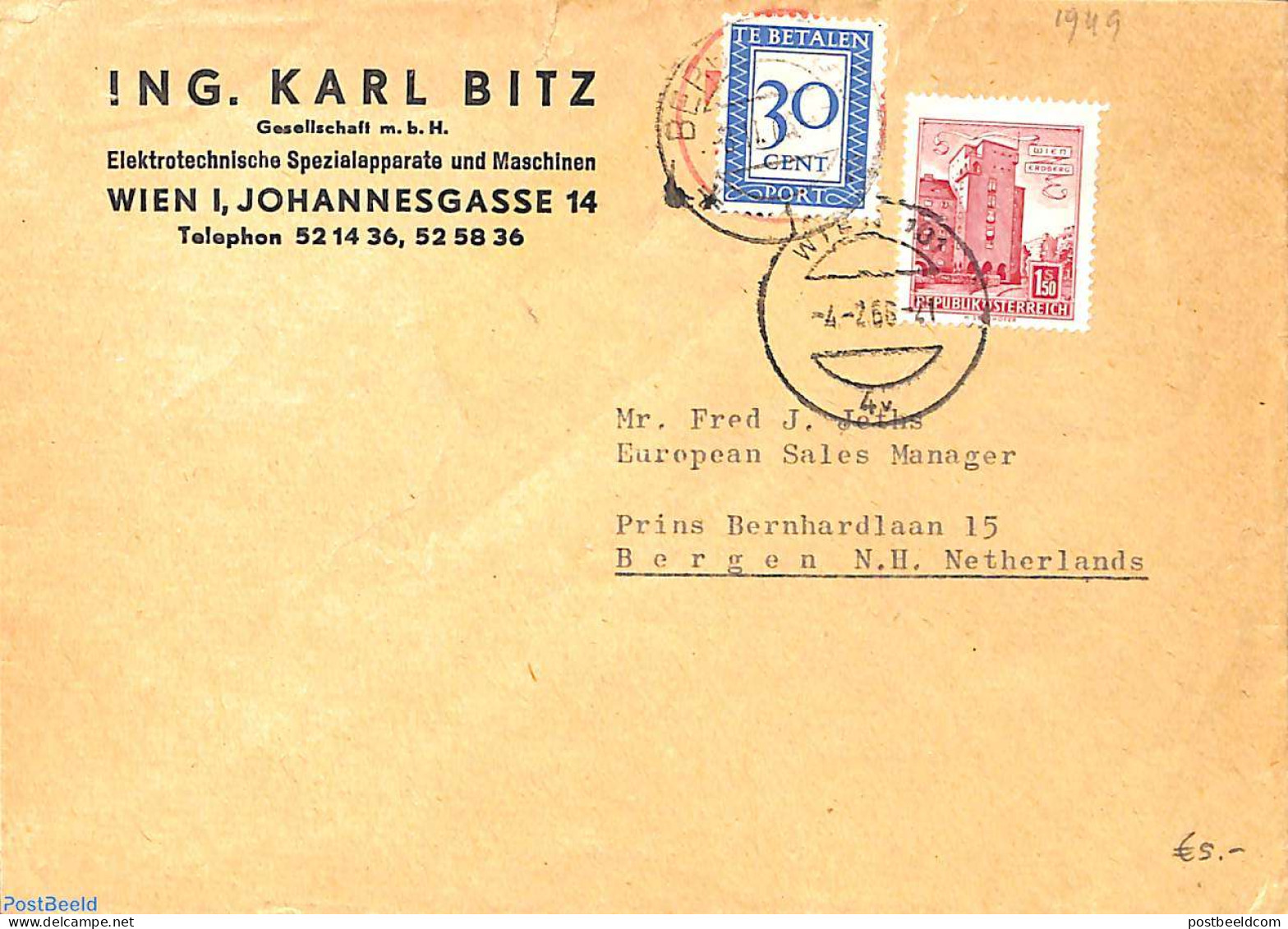 Netherlands 1949 Envelope From Austria, Postage Due 30c, Postal History - Lettres & Documents