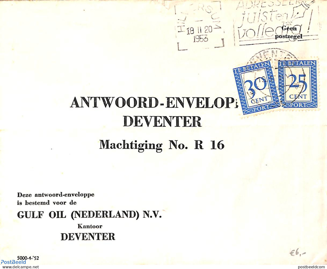 Netherlands 1953 Answering Envelope, Postage Due 30c And 25c, Postal History - Covers & Documents