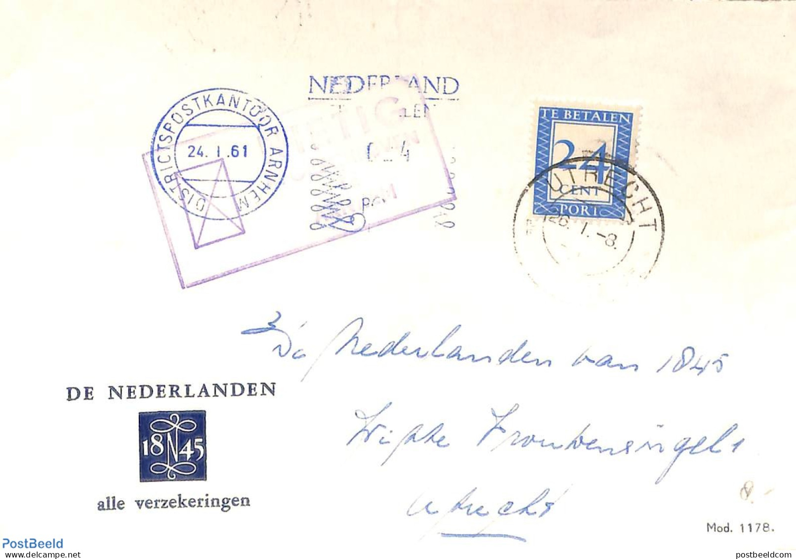 Netherlands 1961 Envelope To Utrecht, Postage Due 24c, Postal History - Brieven En Documenten