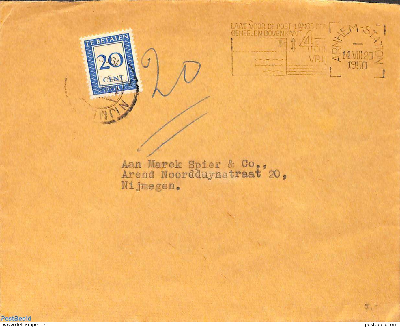 Netherlands 1950 Envelope To Nijmegen, Postage Due 20c, Postal History - Storia Postale