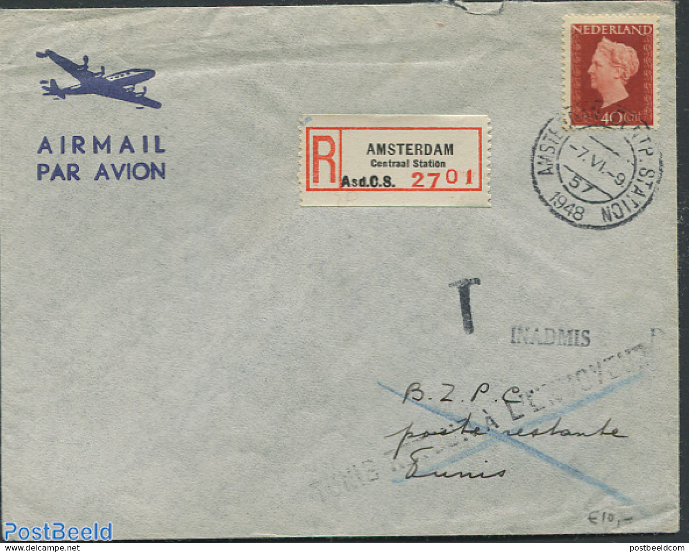 Netherlands 1947 Registered Airmail With Nvph No.486, Postal History - Cartas & Documentos