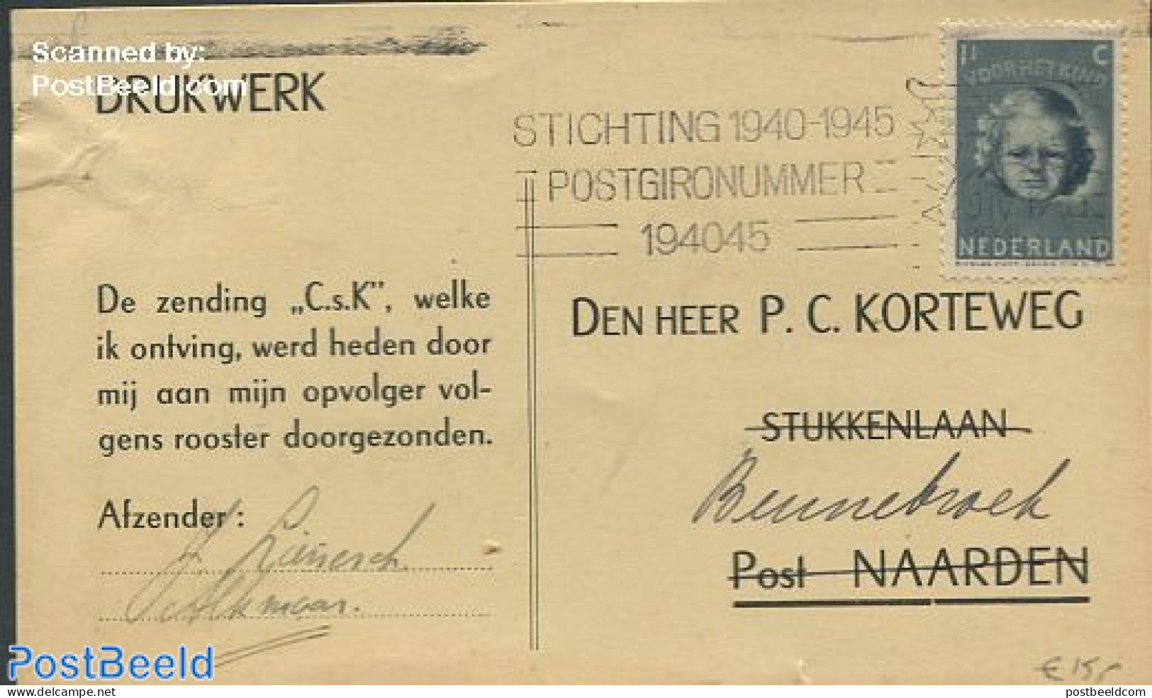 Netherlands 1945 Postale With Nvph No.444, Postal History - Covers & Documents