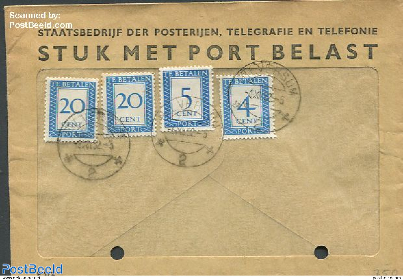 Netherlands 1952 Postage Due 2x20c And 5c, 4c, Postal History - Cartas & Documentos