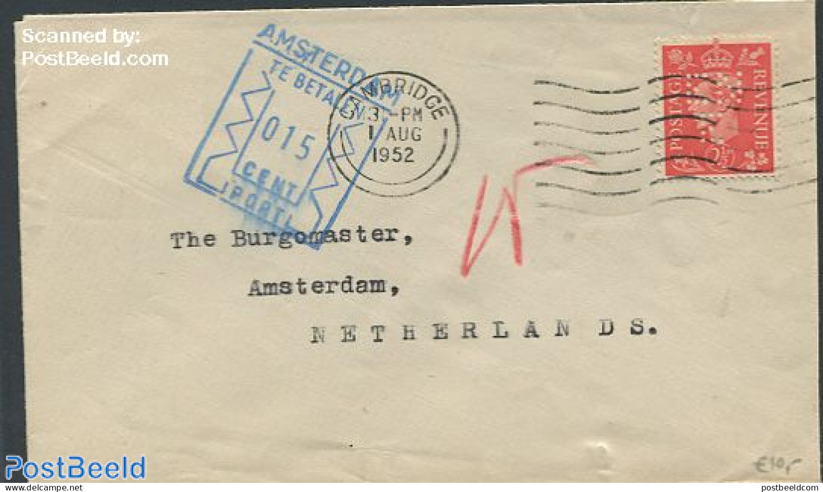 Netherlands 1952 Letter To The Mayor Of Amsterdam, Postage Due 15c, Postal History - Briefe U. Dokumente