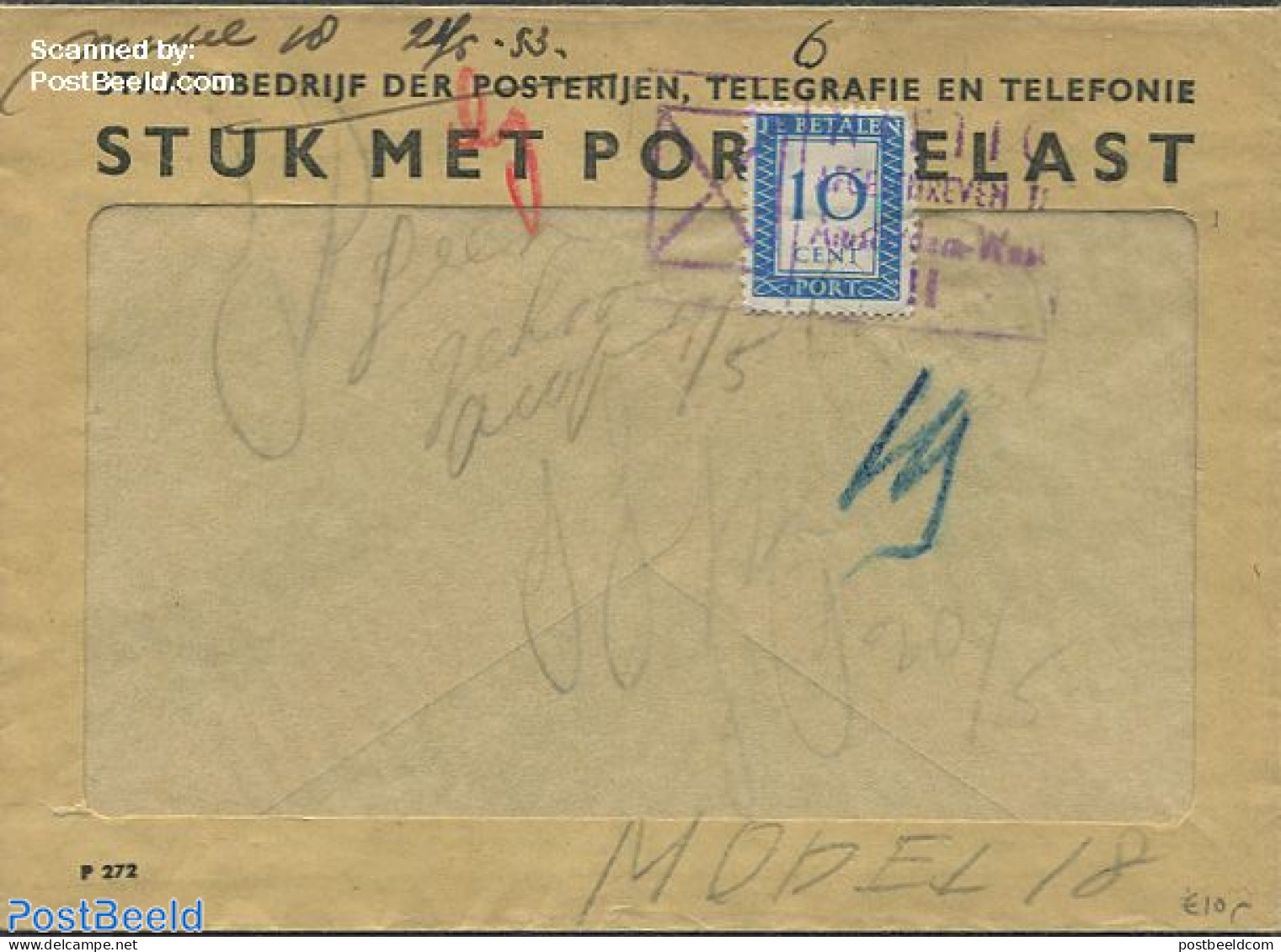 Netherlands 1953 Postage Due With 10cent, Postal History - Briefe U. Dokumente