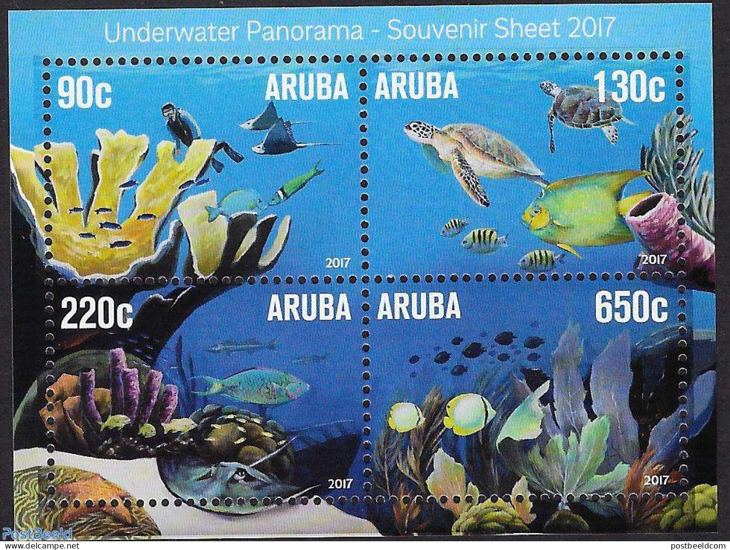 Aruba 2017 Underwater Panorama S/s, Mint NH, Nature - Sport - Fish - Turtles - Diving - Peces