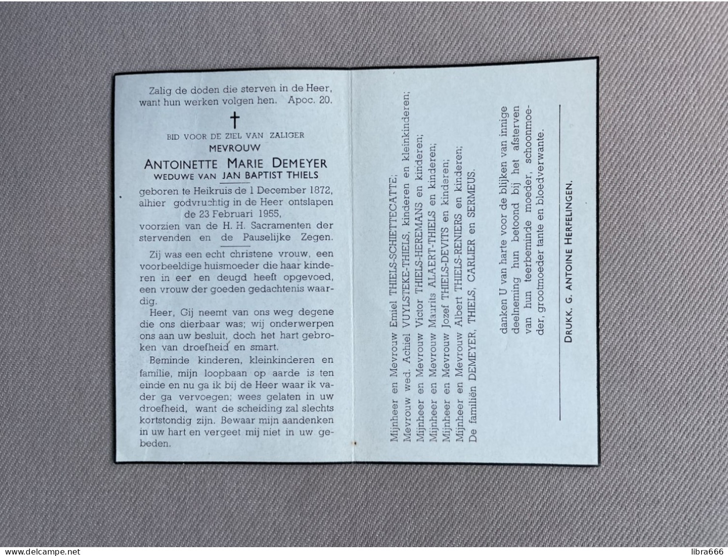 DEMEYER Antoinette Marie °HEIKRUIS 1872 +HEIKRUIS 1955 - THIELS - CARLIER - SERMEUS - SCHIETTECATTE - VUYLSTEKE - ALAERT - Obituary Notices