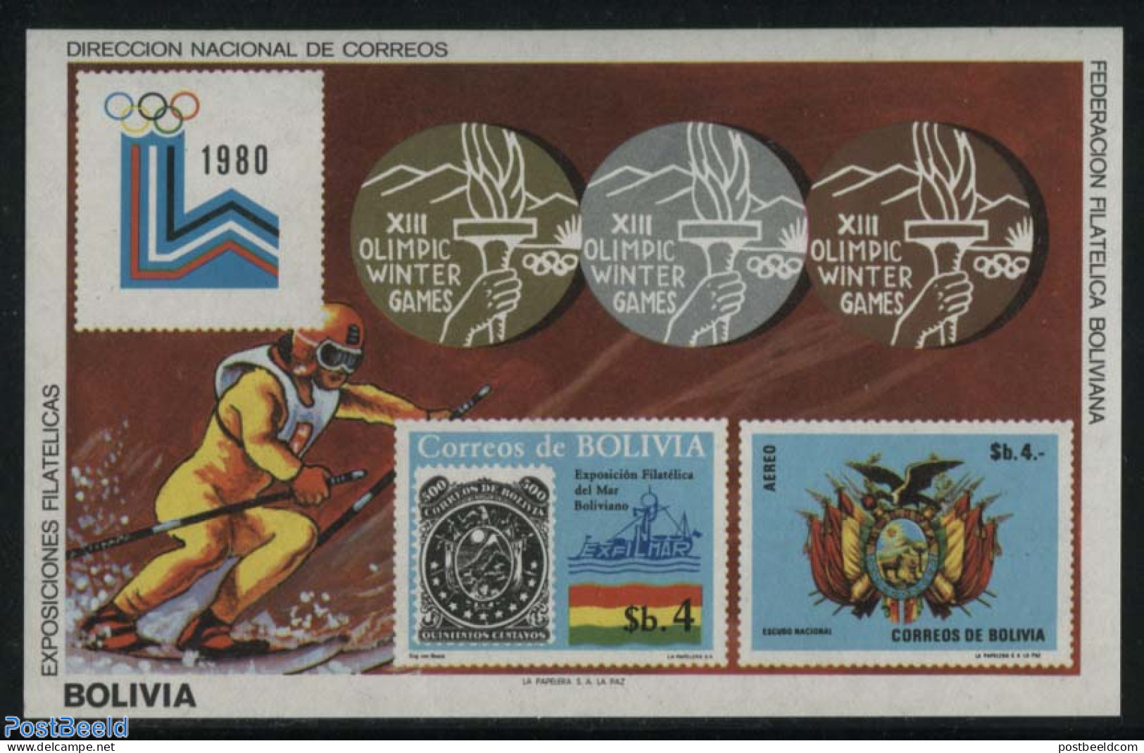 Bolivia 1980 Olympic Winter Games S/s, Mint NH, Sport - Olympic Winter Games - Stamps On Stamps - Timbres Sur Timbres