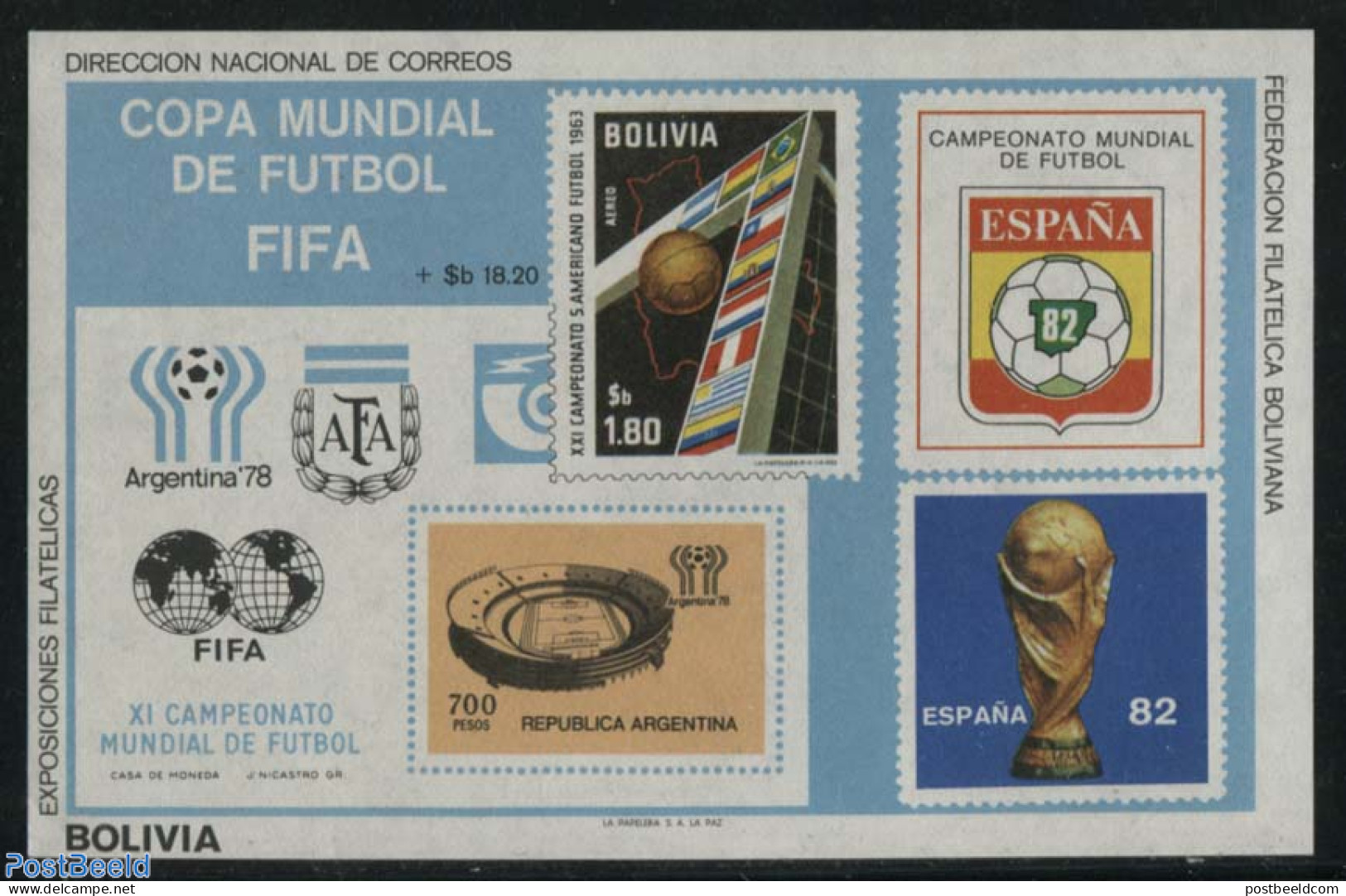 Bolivia 1980 Football Champ. S/s, Mint NH, Sport - Football - Stamps On Stamps - Stamps On Stamps