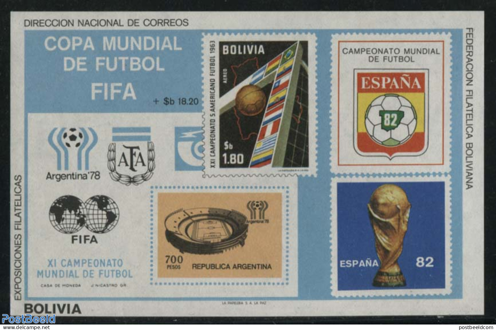 Bolivia 1980 Football Champ. S/s, Mint NH, Sport - Football - Stamps On Stamps - Timbres Sur Timbres