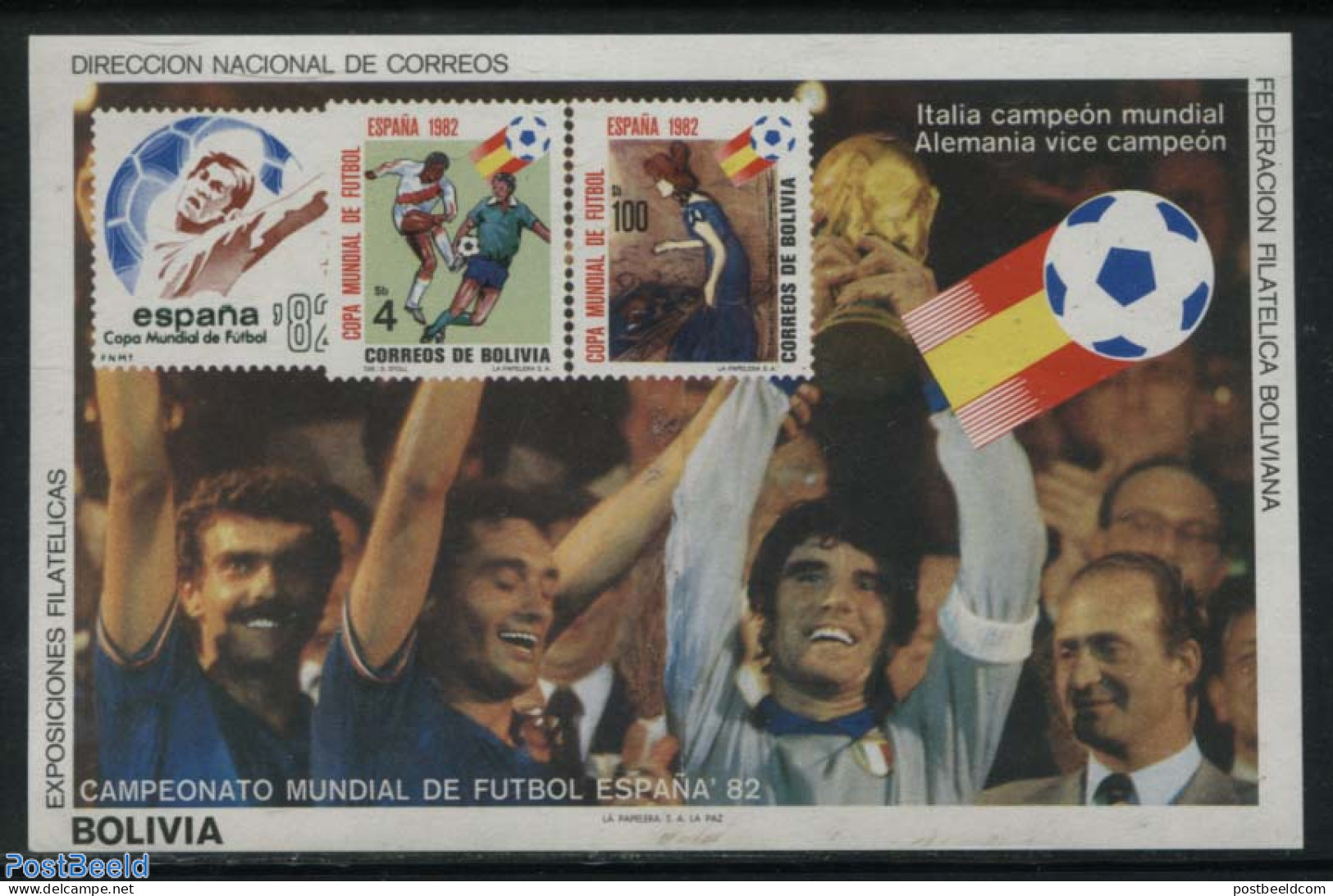 Bolivia 1982 Football Winners S/s, Mint NH, Sport - Stamps On Stamps - Stamps On Stamps