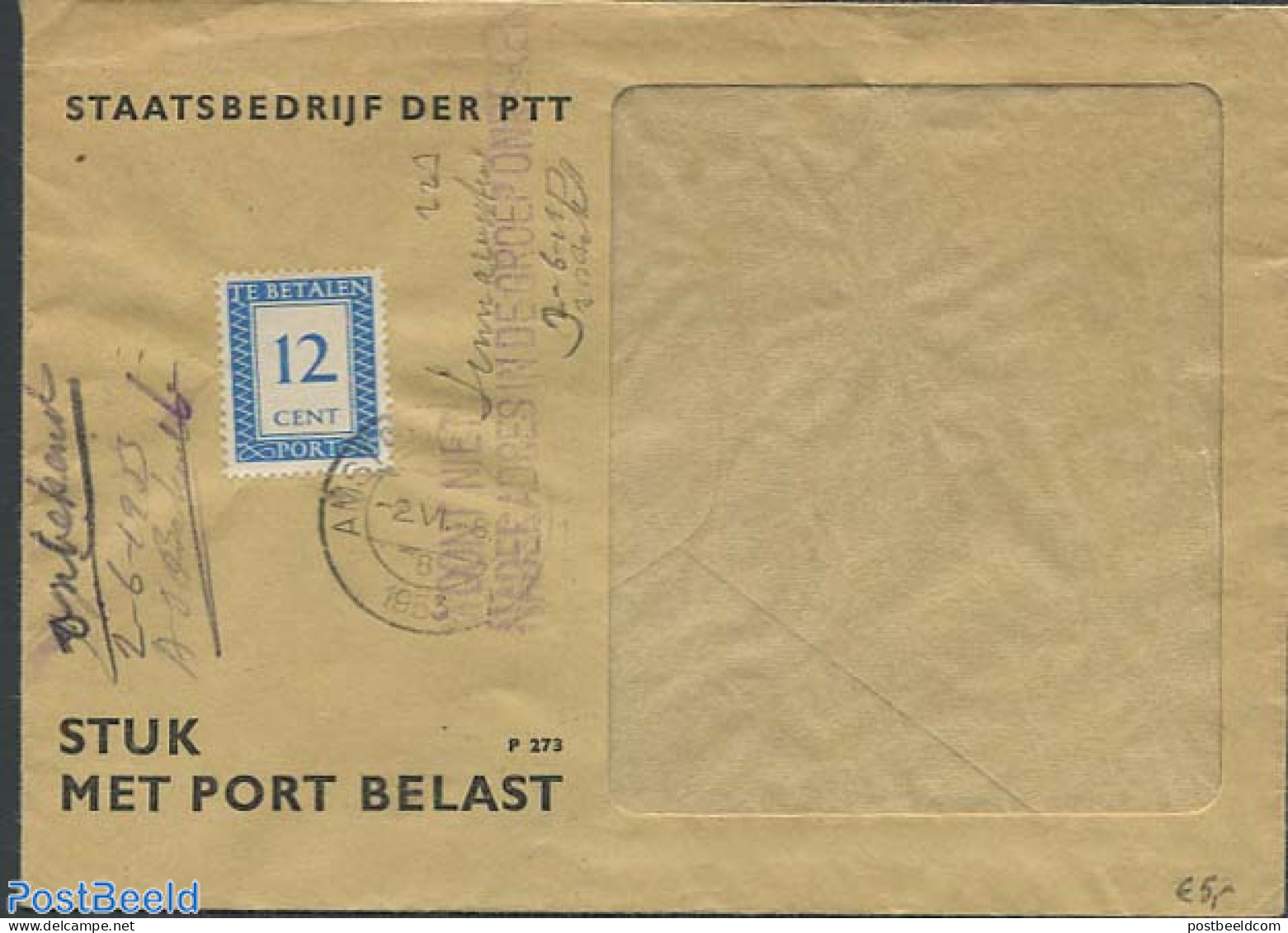 Netherlands 1953 Postage Due 12c, Postal History - Briefe U. Dokumente