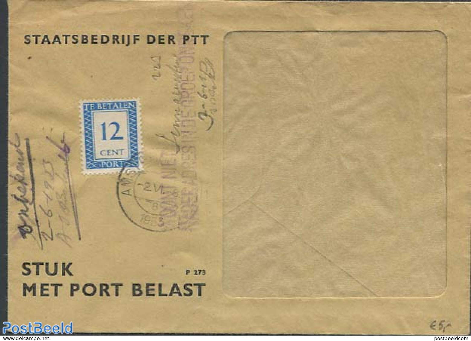 Netherlands 1953 Postage Due 12c, Postal History - Brieven En Documenten