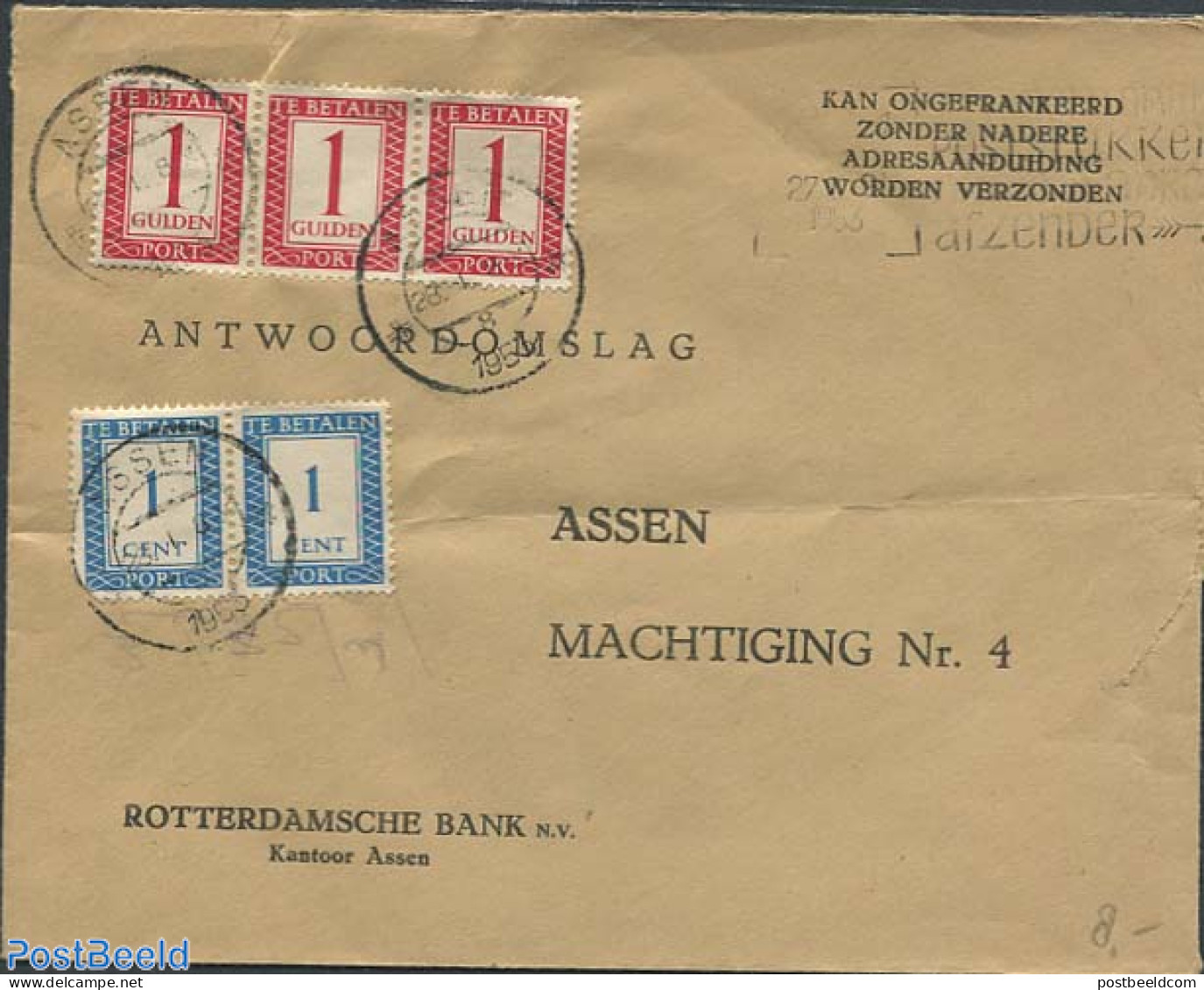 Netherlands 1953 Postage Due 3x Gulden And 2x1 C, Postal History - Covers & Documents