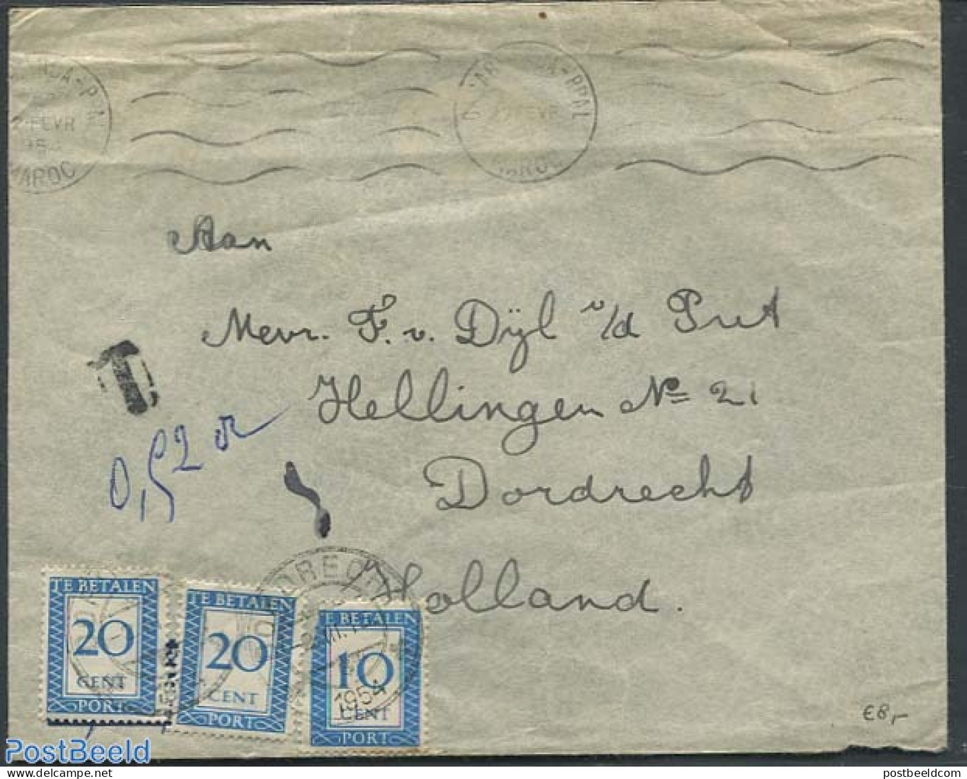 Netherlands 1954 Postage Due 2x20cent And 10cent, Postal History - Lettres & Documents