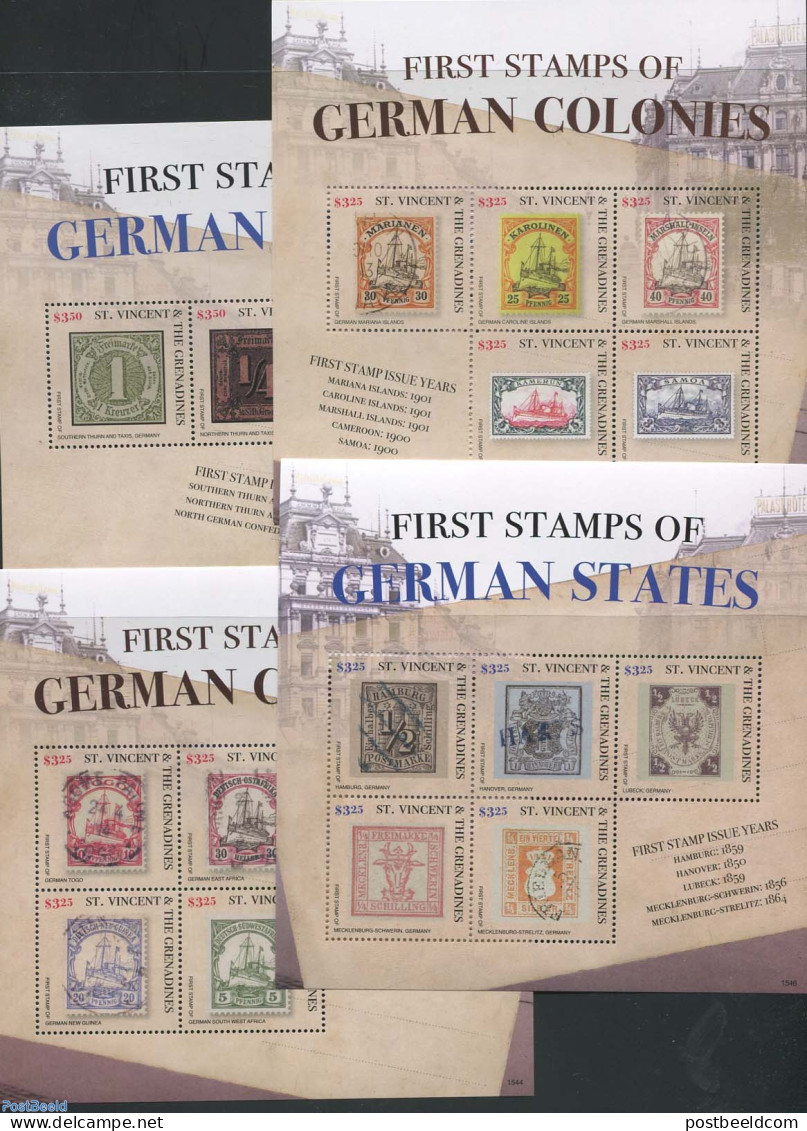 Saint Vincent 2015 First Stamps Of German States 4 S/s, Mint NH, Stamps On Stamps - Postzegels Op Postzegels