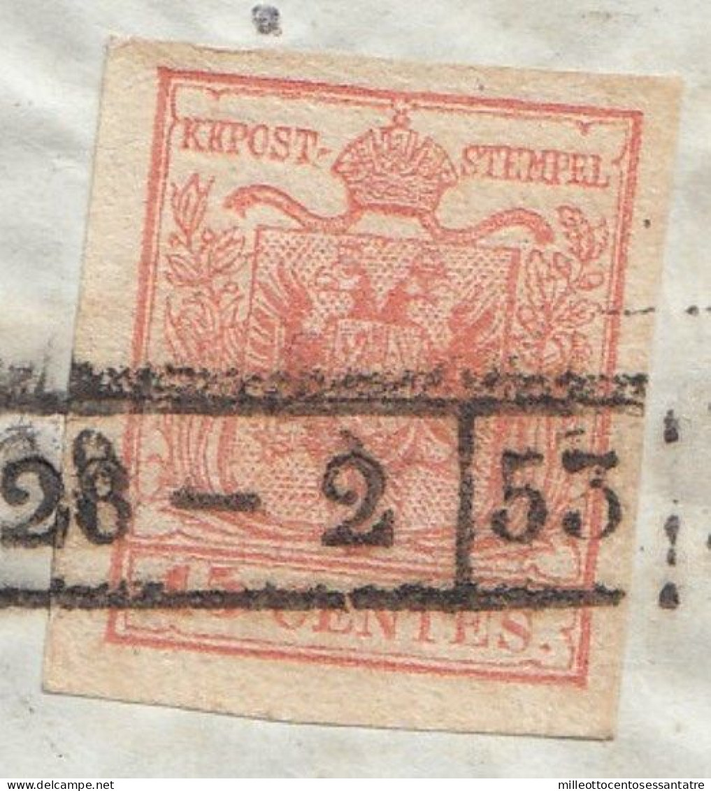 2473 - LOMBARDO VENETO - Parte Di Lettera Del 1853 Da Lodi A Milano Con Cent. 15 Rosso Chiaro - III Tipo - . - Lombardo-Vénétie