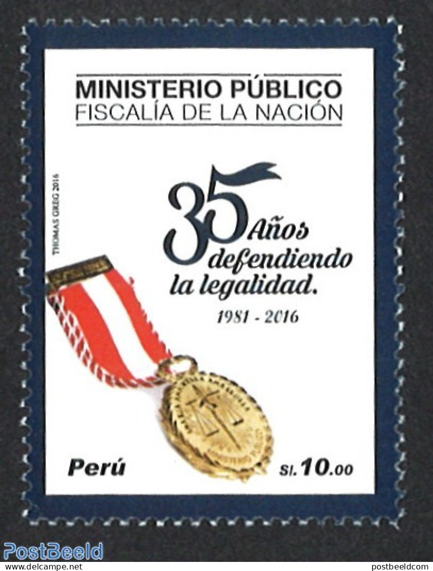 Peru 2016 Public Prosecutor 1v, Mint NH, History - Various - Decorations - Justice - Militaria