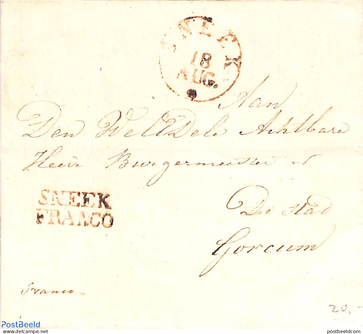 Netherlands 1836 Folded Envelope From Sneek To Gorcum, Postal History - ...-1852 Vorläufer