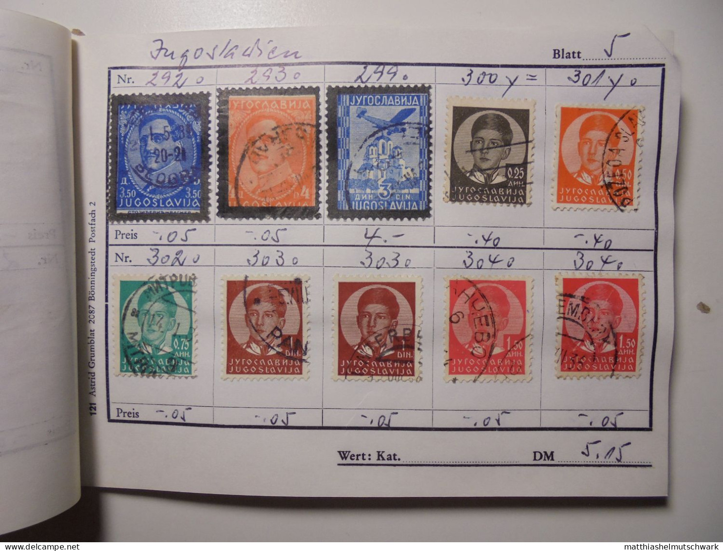 Auswahlheft Nr. 501 20 Blätter 179 Briefmarken xx Jugoslawien 1919-1963/Mi Nr. 92-1048, unvollständig Ca