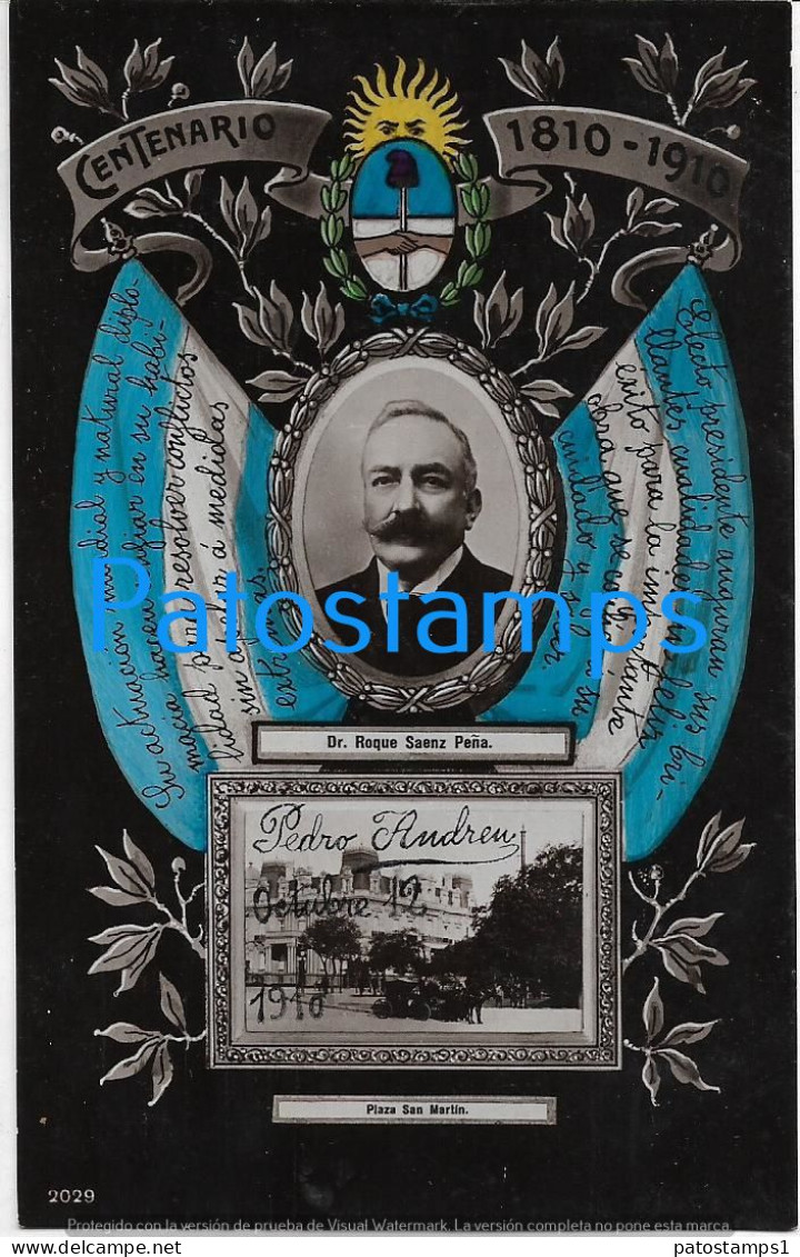 227542 ARGENTINA CENTENARY CENTENARIO PATROTIC HERALDRY PROCER DR ROQUE S. PEÑA BS AS PLAZA SAN MARTIN POSTCARD - Argentine