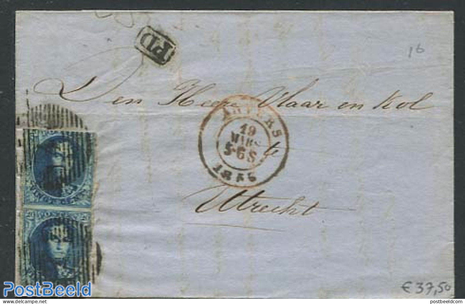 Belgium 1856 Folding Letter From Antwerpen To Utrecht. See Anvers Mark., Postal History - Covers & Documents