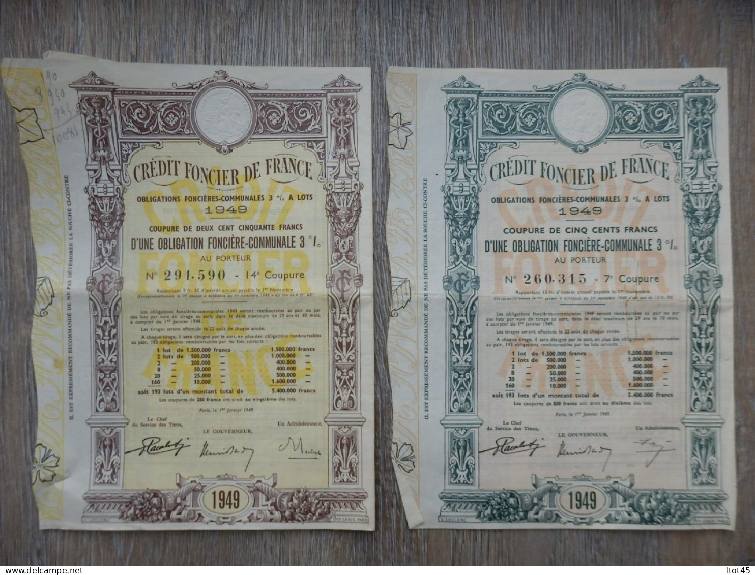 LOT DE 2 ACTIONS DE 500 FRANCS CREDIT FONCIER DE FRANCE 1949 - Bank & Insurance