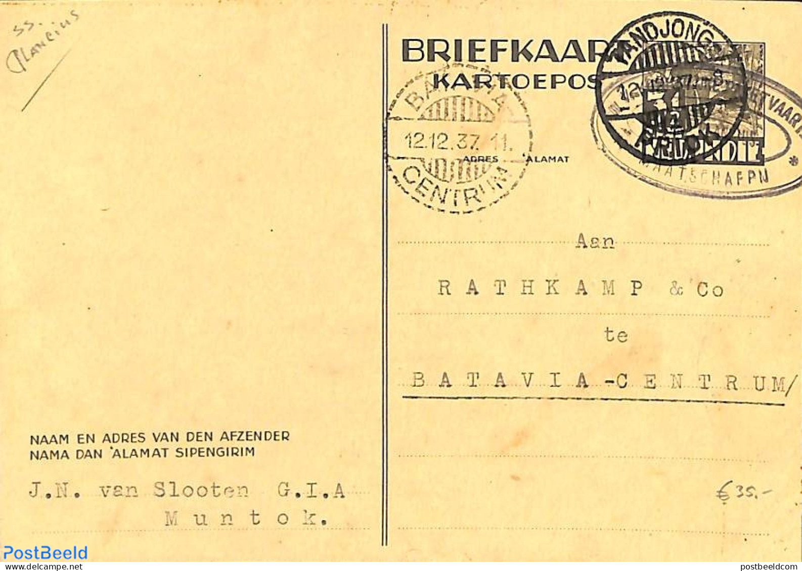 Netherlands Indies 1937 Postcard From TANDJONG To BATAVIA, Shippost Koninklijke Pakketvaart My., Postal History, Ships.. - Schiffe