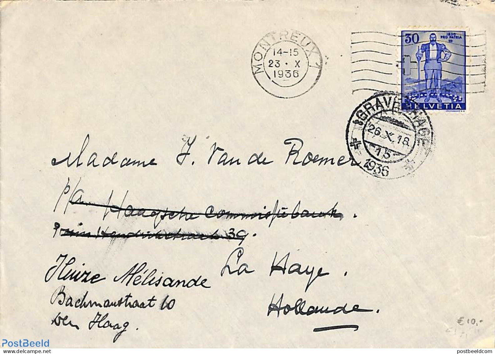 Switzerland 1936 Envelope From Monsteaux To The Hague , Postal History - Lettres & Documents