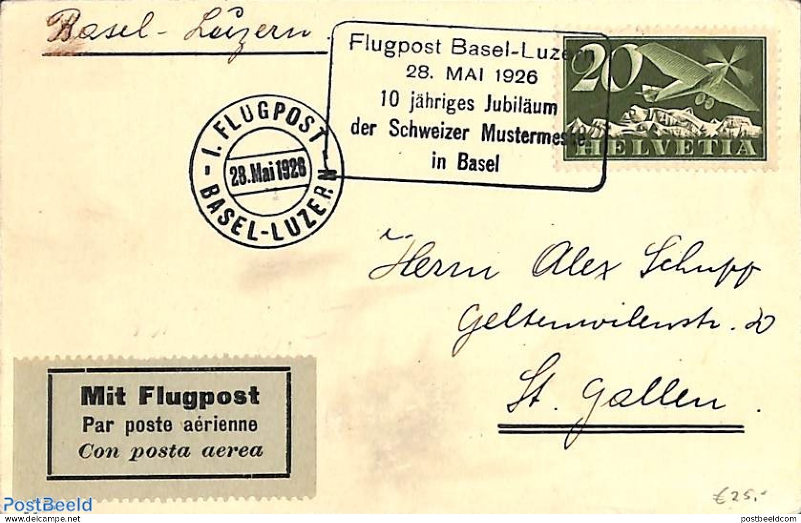 Switzerland 1926 Airmail To St.Gallen, Postal History - Lettres & Documents