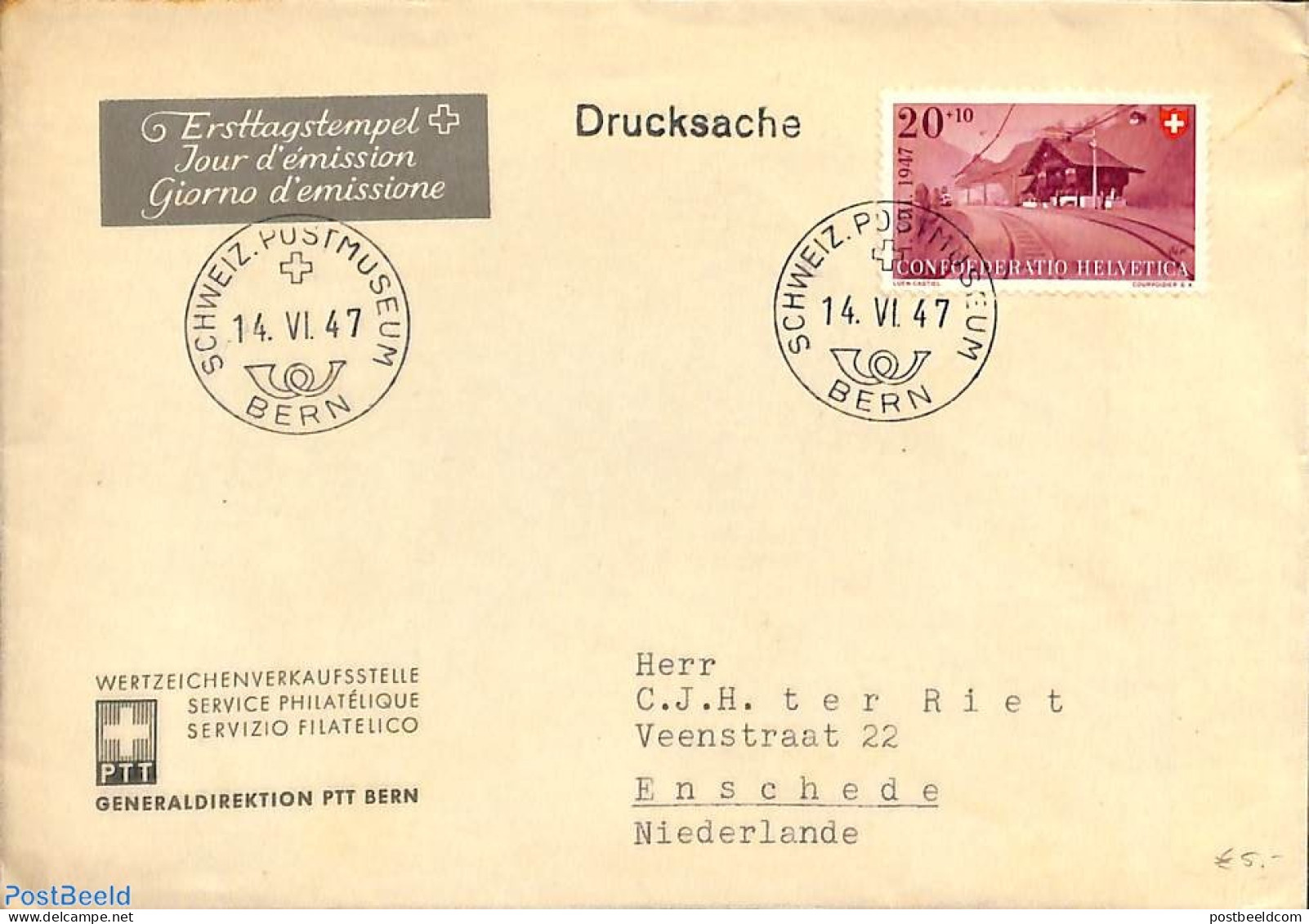 Switzerland 1947 Envelope From Bern To Enschede, Holland. See Bern Mark. , Postal History - Covers & Documents