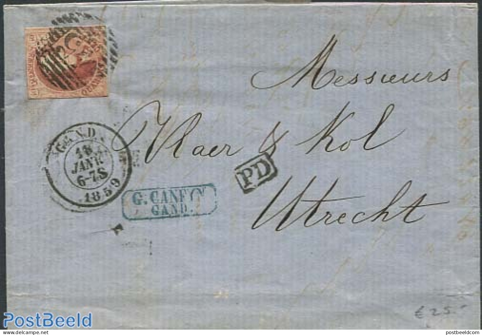 Belgium 1859 Folding Letter From Gent To Utrecht , Postal History - Covers & Documents