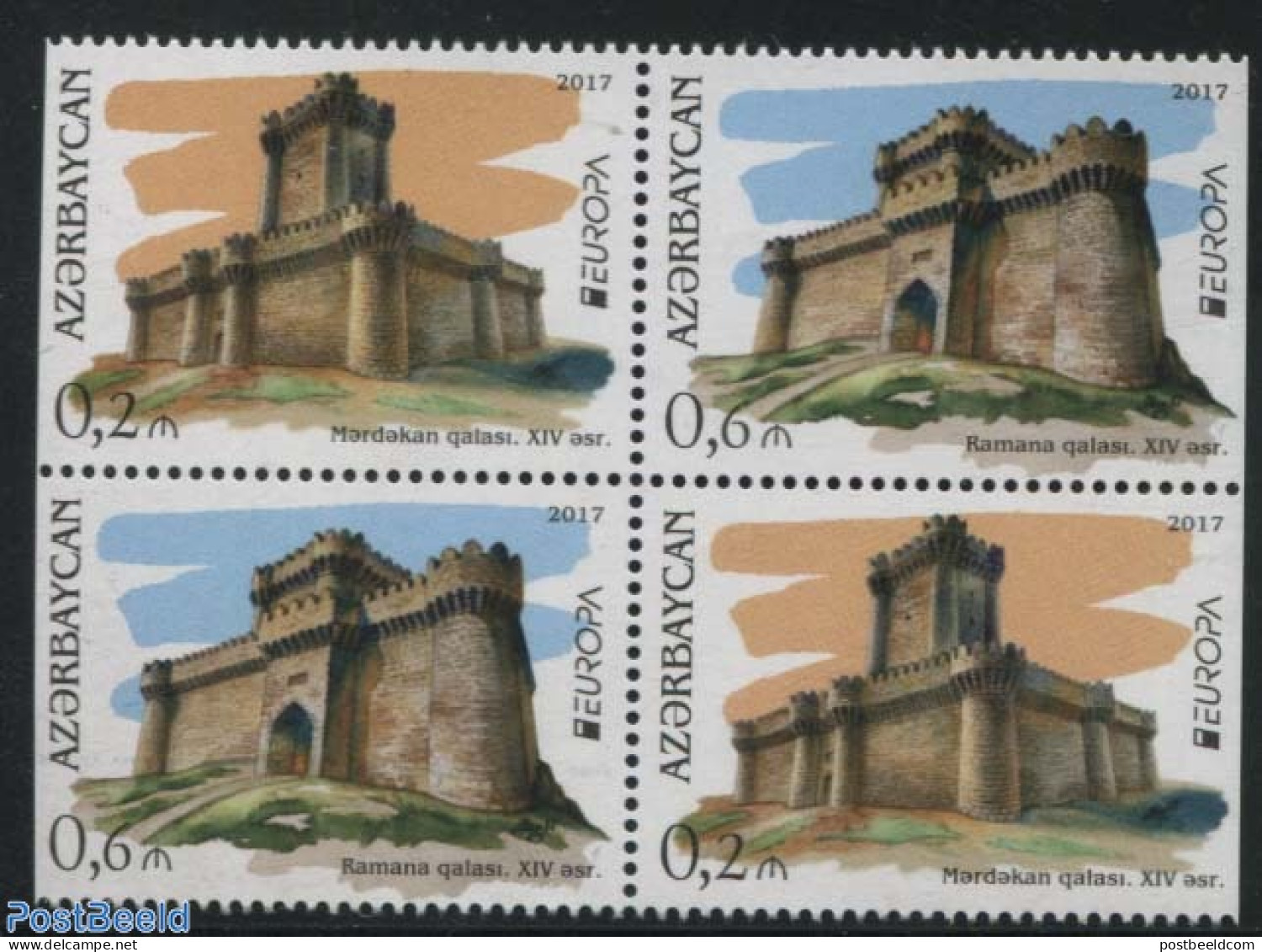 Azerbaijan 2017 Europa, Castles 2x2v [+], Partially Perforated (from Booklet), Mint NH, History - Europa (cept) - Art .. - Schlösser U. Burgen