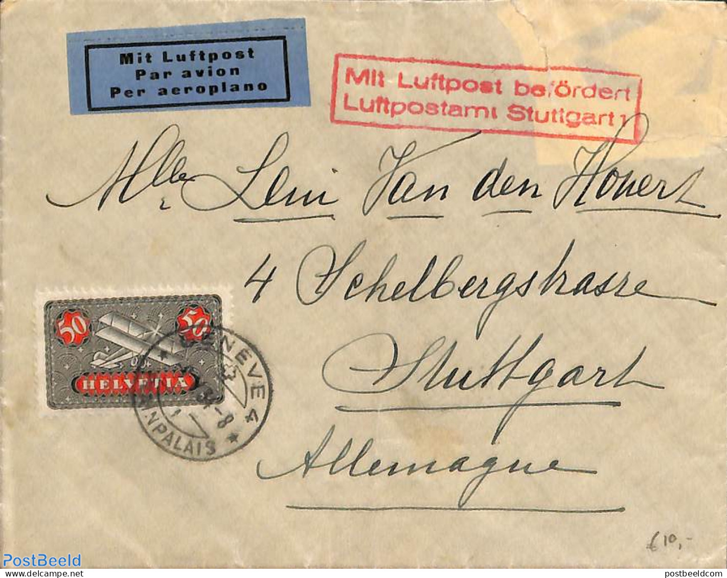 Switzerland 1934 Airmail To Stuttgard , Postal History - Cartas & Documentos