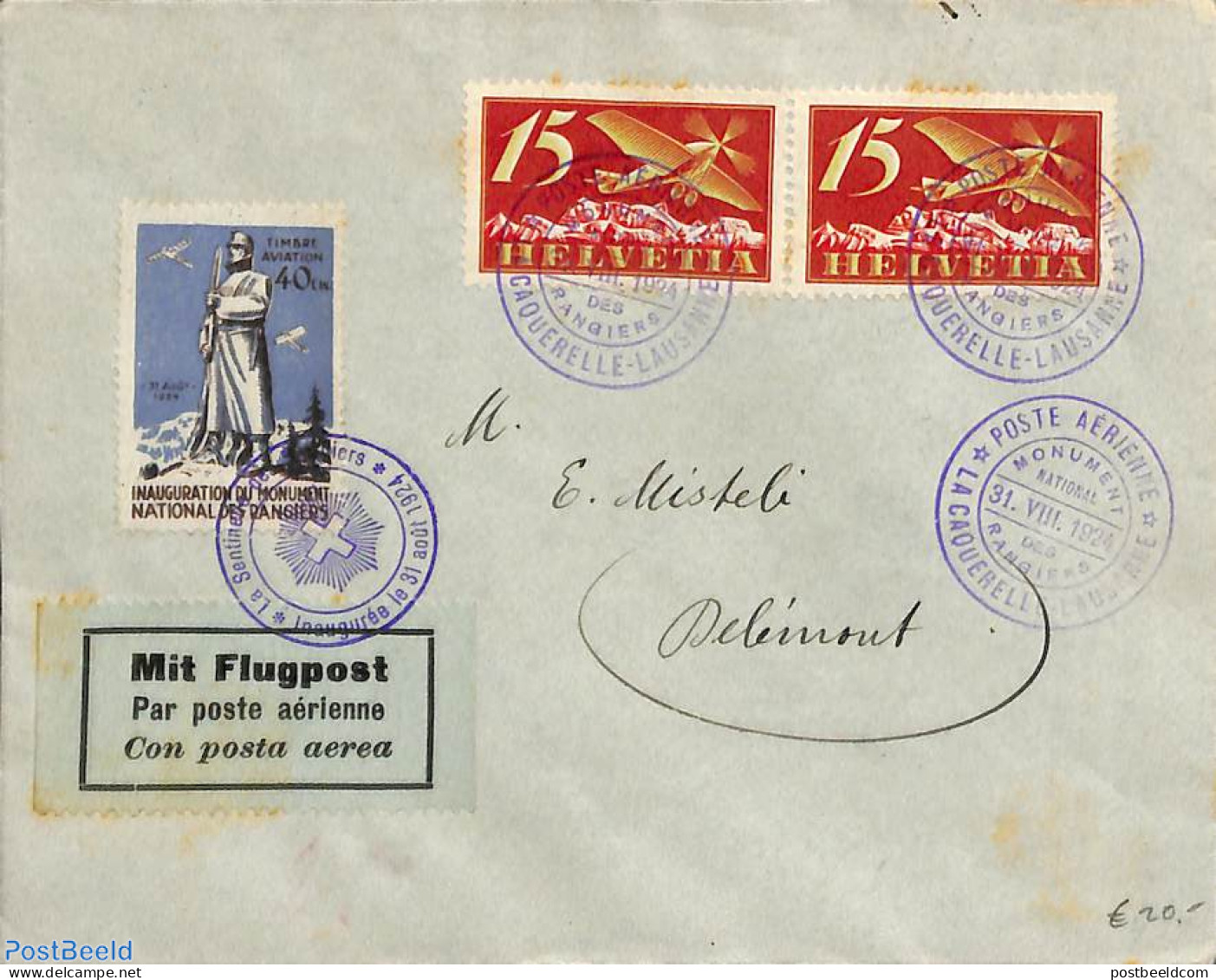 Switzerland 1924 Airmail From Lausane. Post Aerienne + Mit Flugpost, Postal History - Cartas & Documentos