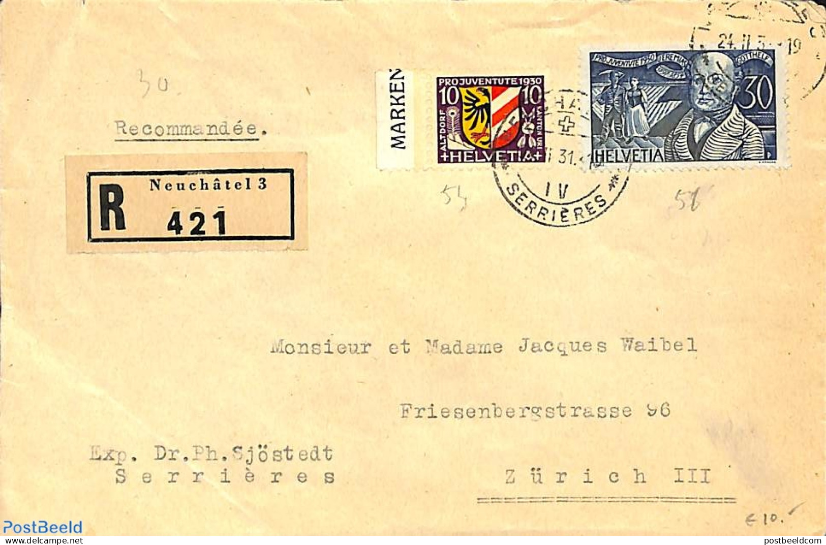 Switzerland 1931 Envelope To Zurich. Registered In Neuchatel, Postal History - Cartas & Documentos