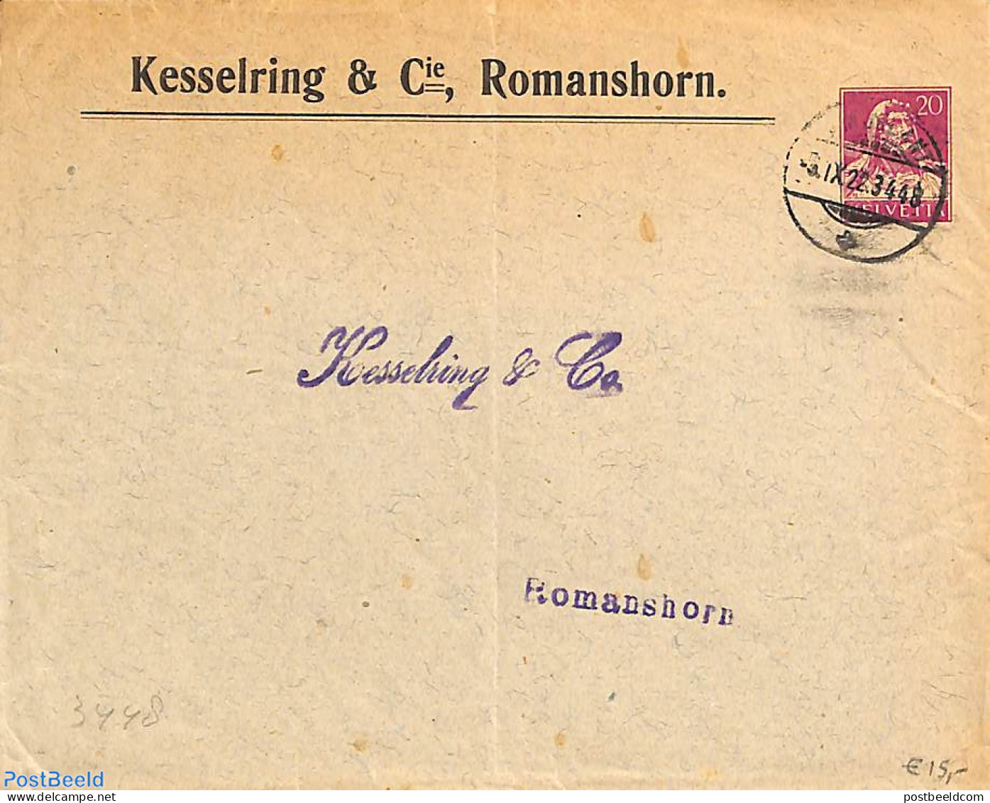 Switzerland 1922 Envelope From Switzerland. Kesseling And Romanshorn, Postal History - Cartas & Documentos
